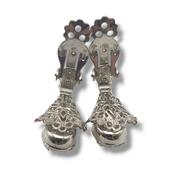 Silver Tone Filigree Oval Faceted Prong Set Rhinestone Clip On Earrings Floral - Picture 6 of 8